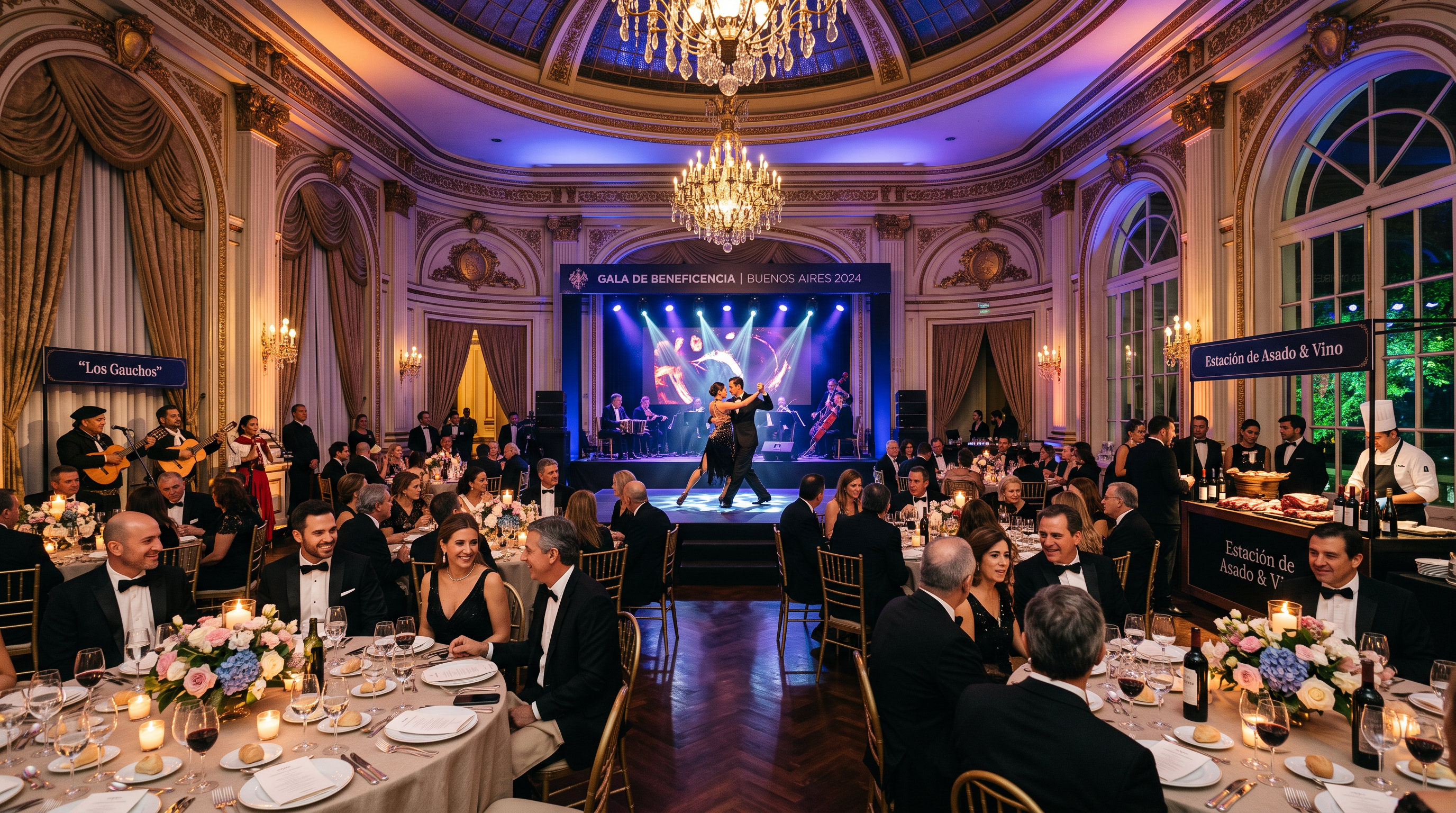 Cena de gala corporativa con entretenimiento interactivo premium
