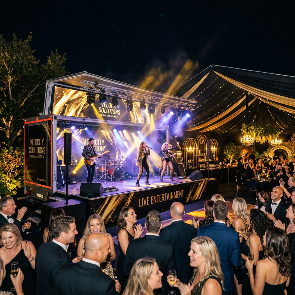 Show en vivo nocturno en evento premium con producción completa